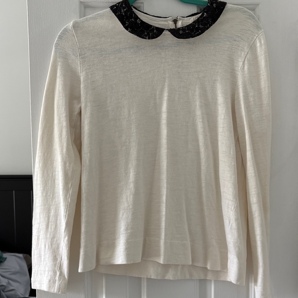 J. Crew Cream Blouse with Black Lace Collar